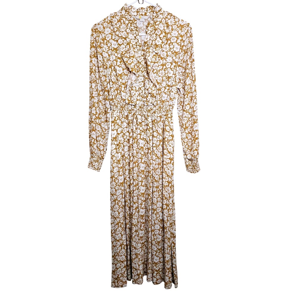 Boden Floral Maxi‎ Dress 6 Smock Waist Button Mustard Yellow White Autumn Ruffle